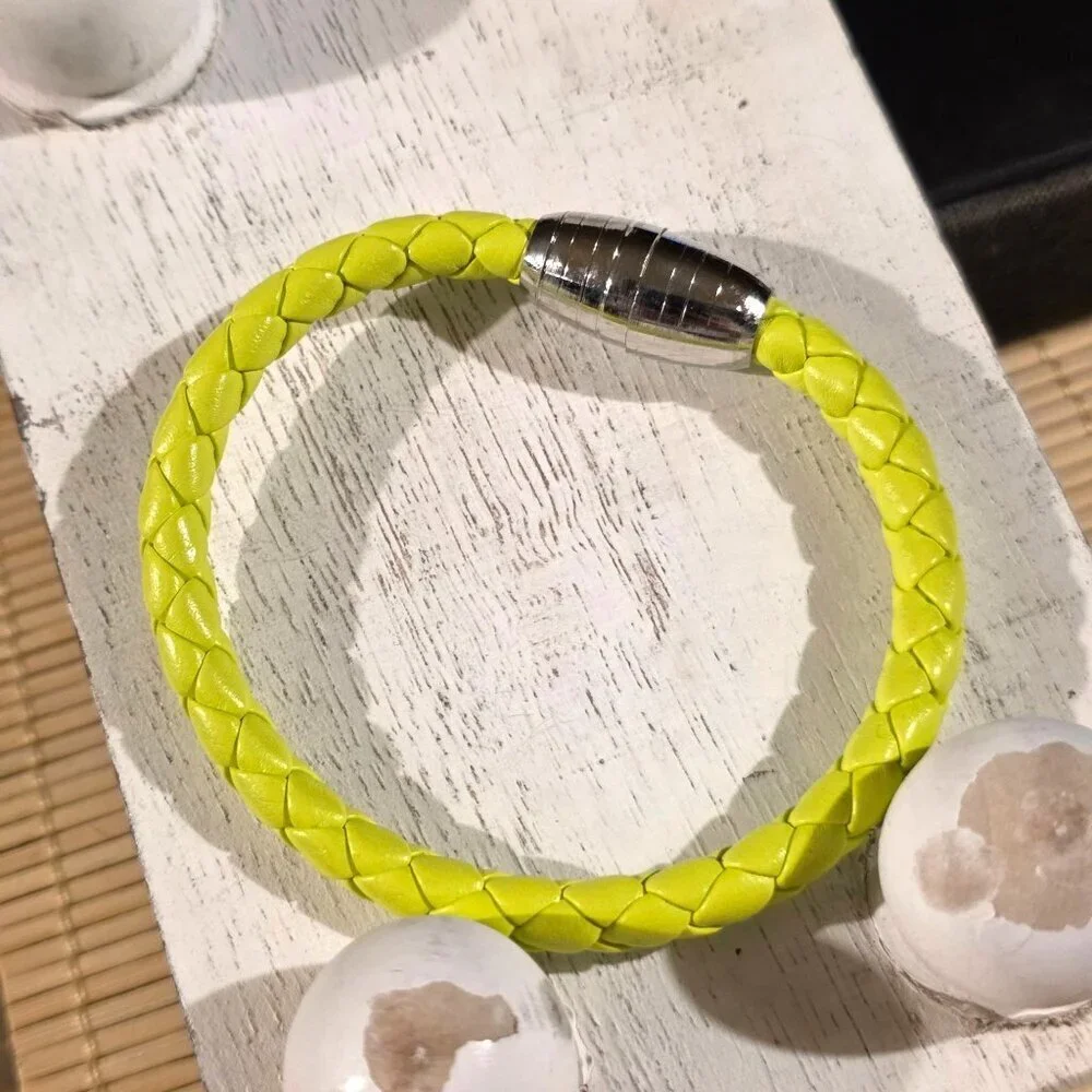 Braided Thick Bright Yellow Vegan Leather Magnetic Clasp Bangle Bracelet